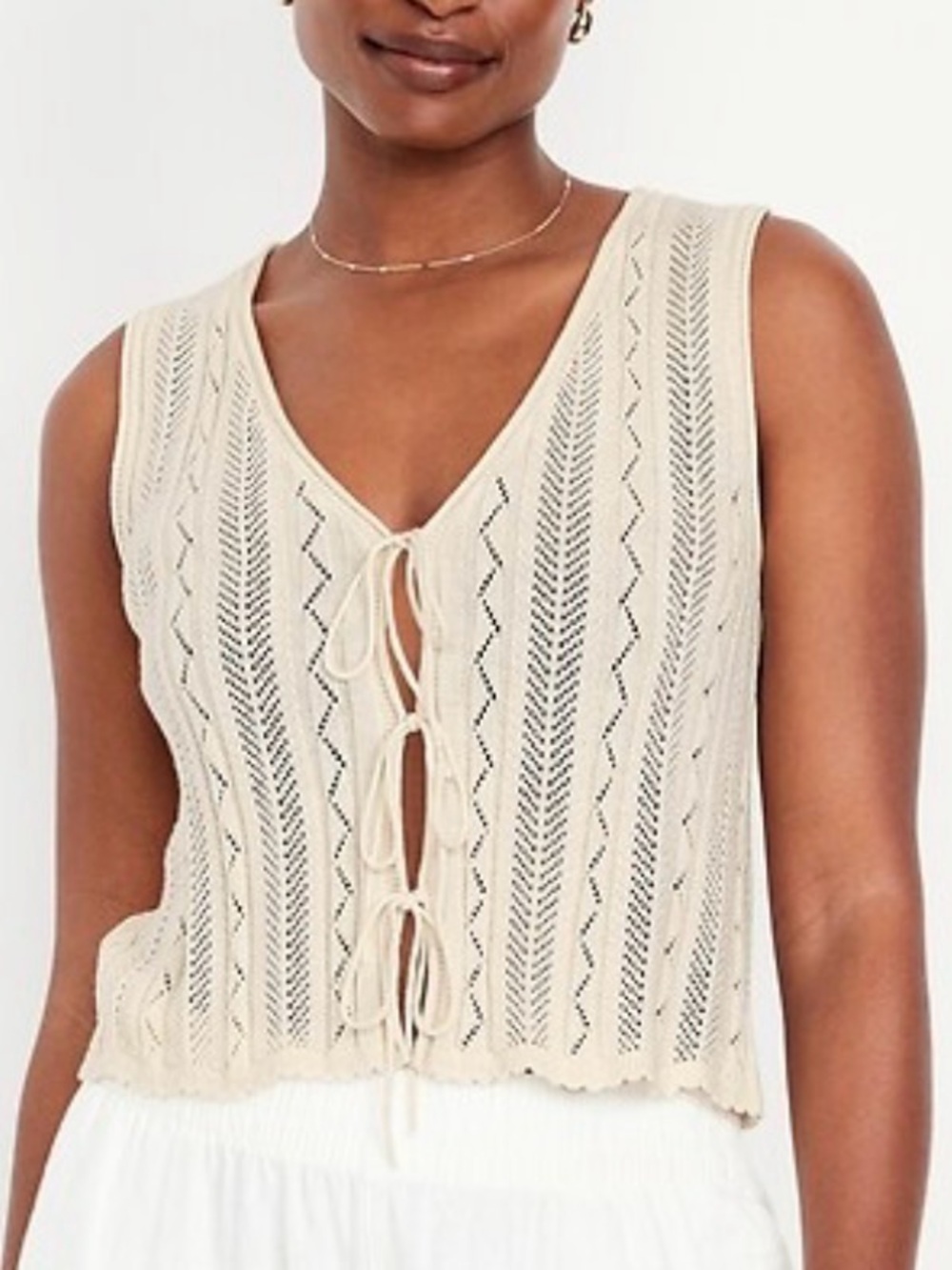 Old Navy Crocheted Knit Tie Front Boho Western Tank Top Beige Sleeveless Large